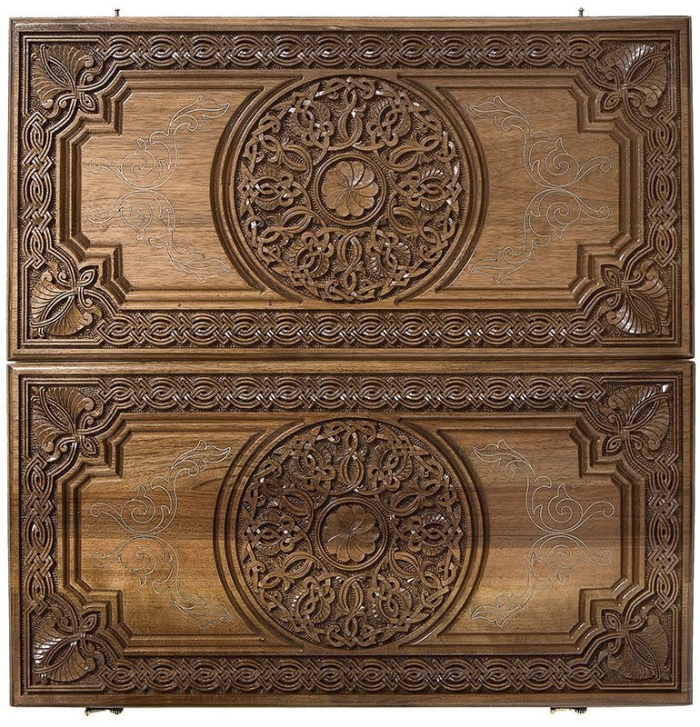 Нарды резные "Армянский узор" с серебром 60 орех, Haleyan 