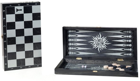 Игра 2в1 малая черная, рисунок серебро (нарды, шашки) "Классика" (400*200*40) 