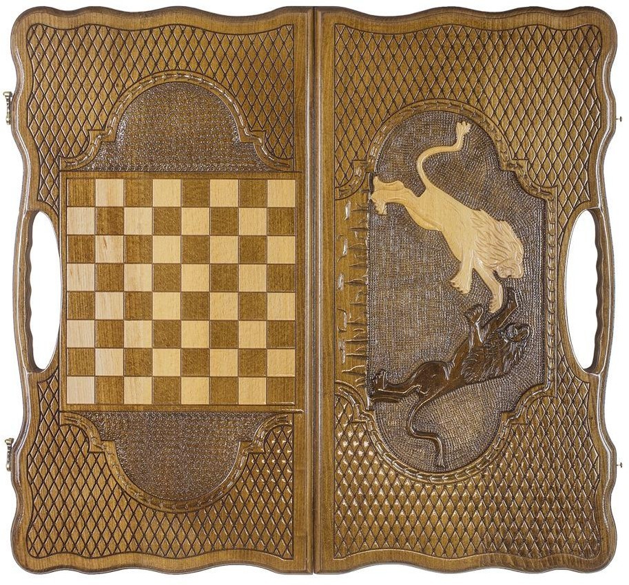 Нарды резные "Битва львов" с ручкой 60, Haleyan 